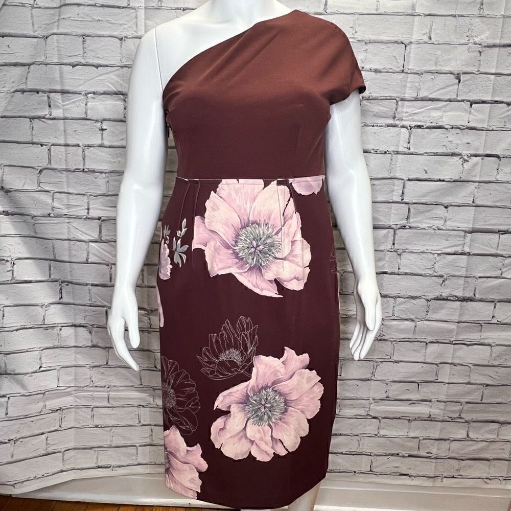 Ted Baker London 6 Womens Brown Floral Nimala Asymmetric one shoulder Dress